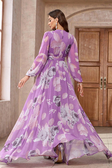 Lilla Blomster Trykt Chiffon A-linje V-hals Lange ermer Lang Ballkjole